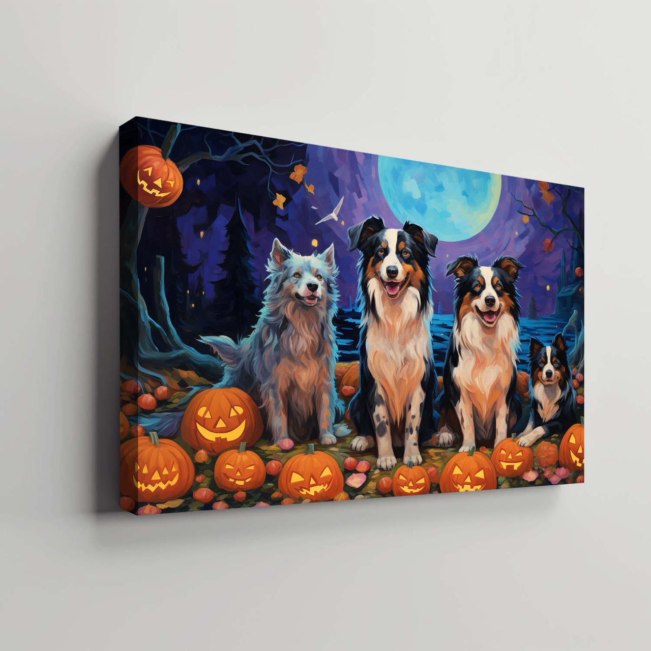 Miniature American Shepherds Dog 01 Halloween With Pumpkin Oil Painting Van Goh Style, Wooden Canvas Prints Wall Art Painting , Canvas 3d Art
