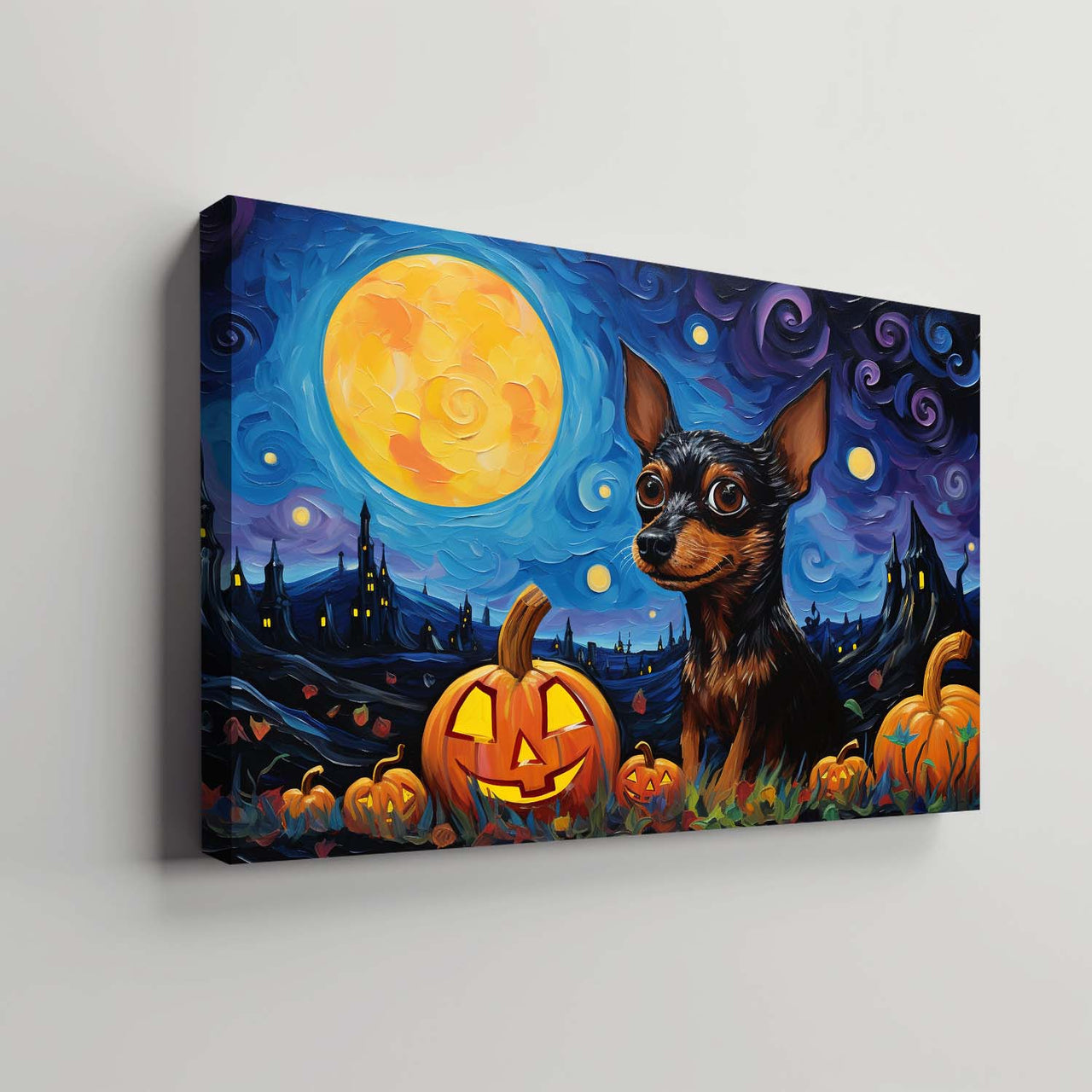 Miniature Pinschers Dog 02 Halloween With Pumpkin Oil Painting Van Goh Style, Wooden Canvas Prints Wall Art Painting , Canvas 3d Art