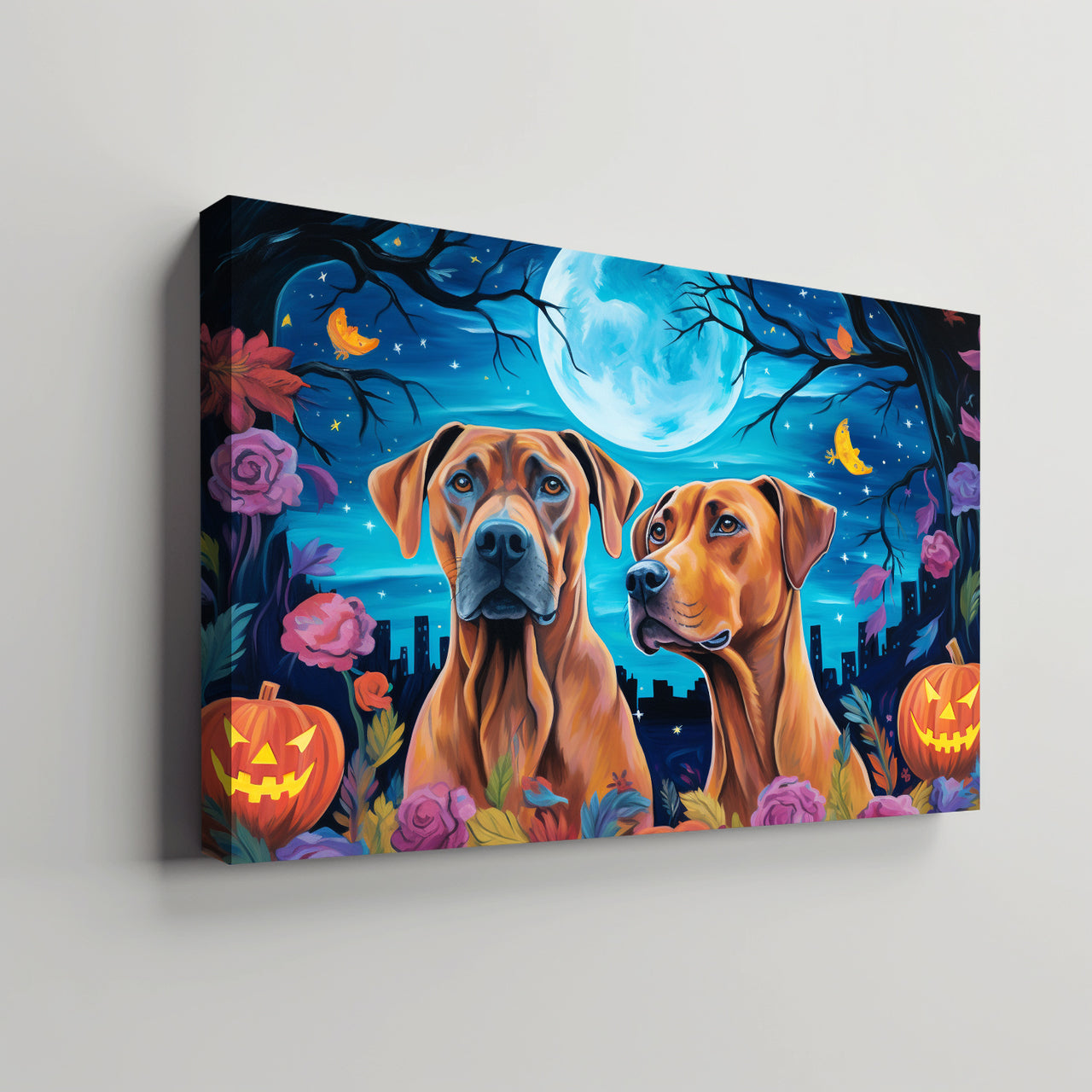 Rhodesian Ridgebacks Dog 01 Halloween With Pumpkin Oil Painting Van Goh Style, Wooden Canvas Prints Wall Art Painting , Canvas 3d Art