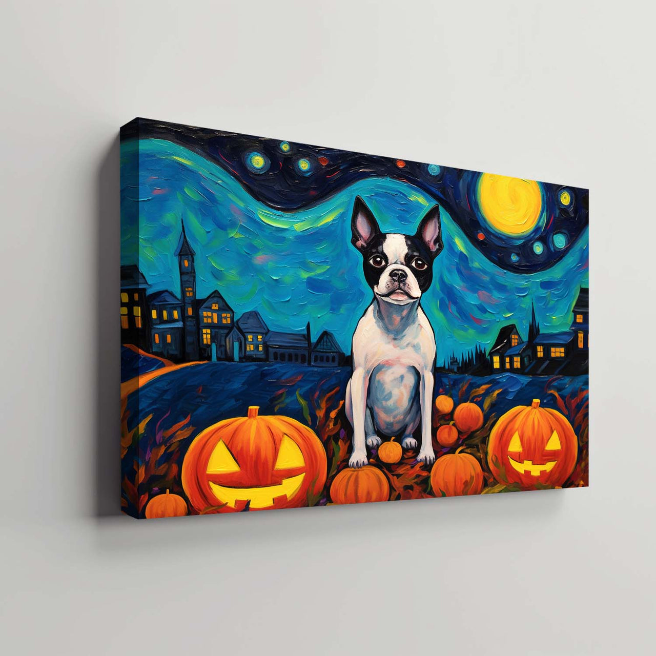 Boston Terriers Dog 02 Halloween With Pumpkin Oil Painting Van Goh Style, Wooden Canvas Prints Wall Art Painting , Canvas 3d Art