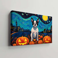 Thumbnail for Boston Terriers Dog 02 Halloween With Pumpkin Oil Painting Van Goh Style, Wooden Canvas Prints Wall Art Painting , Canvas 3d Art