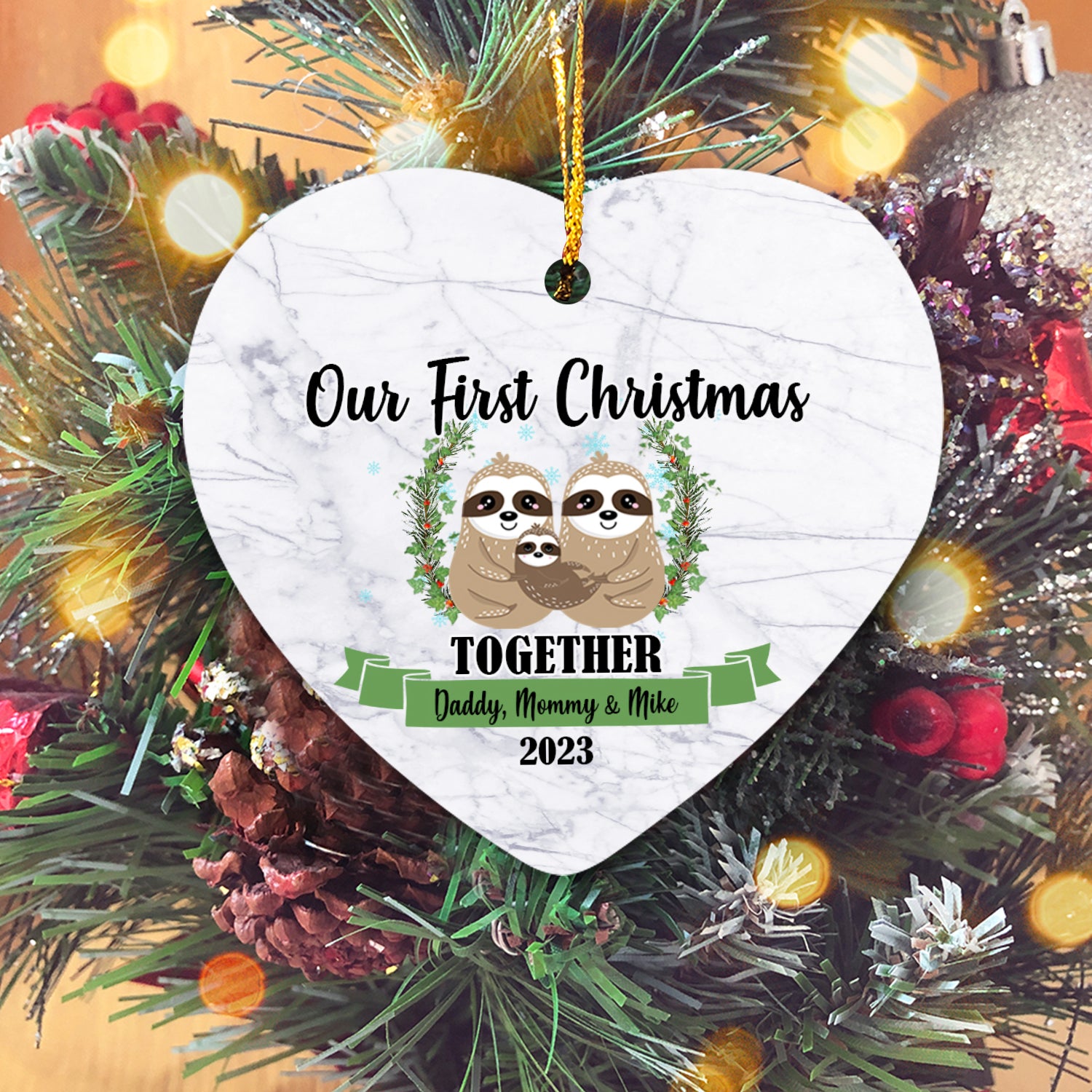 Our First Christmas Together With Family Cute Animals Version Sloth Personalized Christmas Premium Ceramic Ornaments