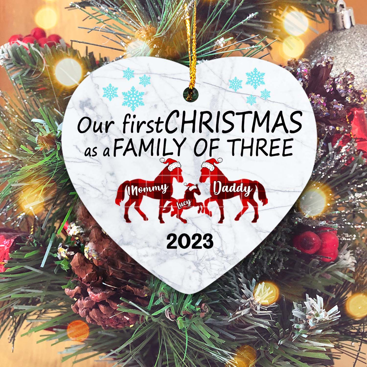 Our First Christmas As A Family Of Tree Version Horse Personalized Christmas Premium Ceramic Ornaments