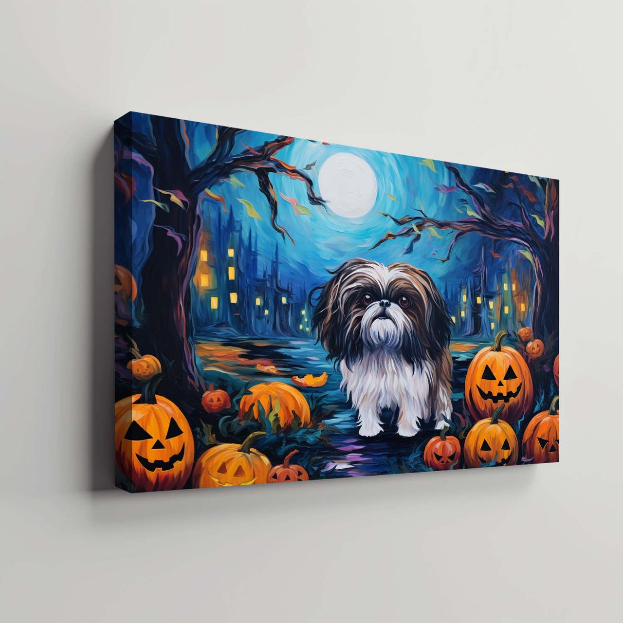Shih Tzu Dog 02 Halloween With Pumpkin Oil Painting Van Goh Style, Wooden Canvas Prints Wall Art Painting , Canvas 3d Art