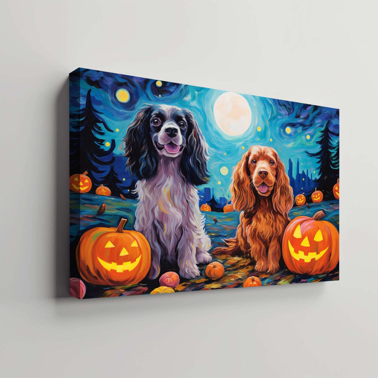 Cocker Spaniels Dog 02 Halloween With Pumpkin Oil Painting Van Goh Style, Wooden Canvas Prints Wall Art Painting , Canvas 3d Art