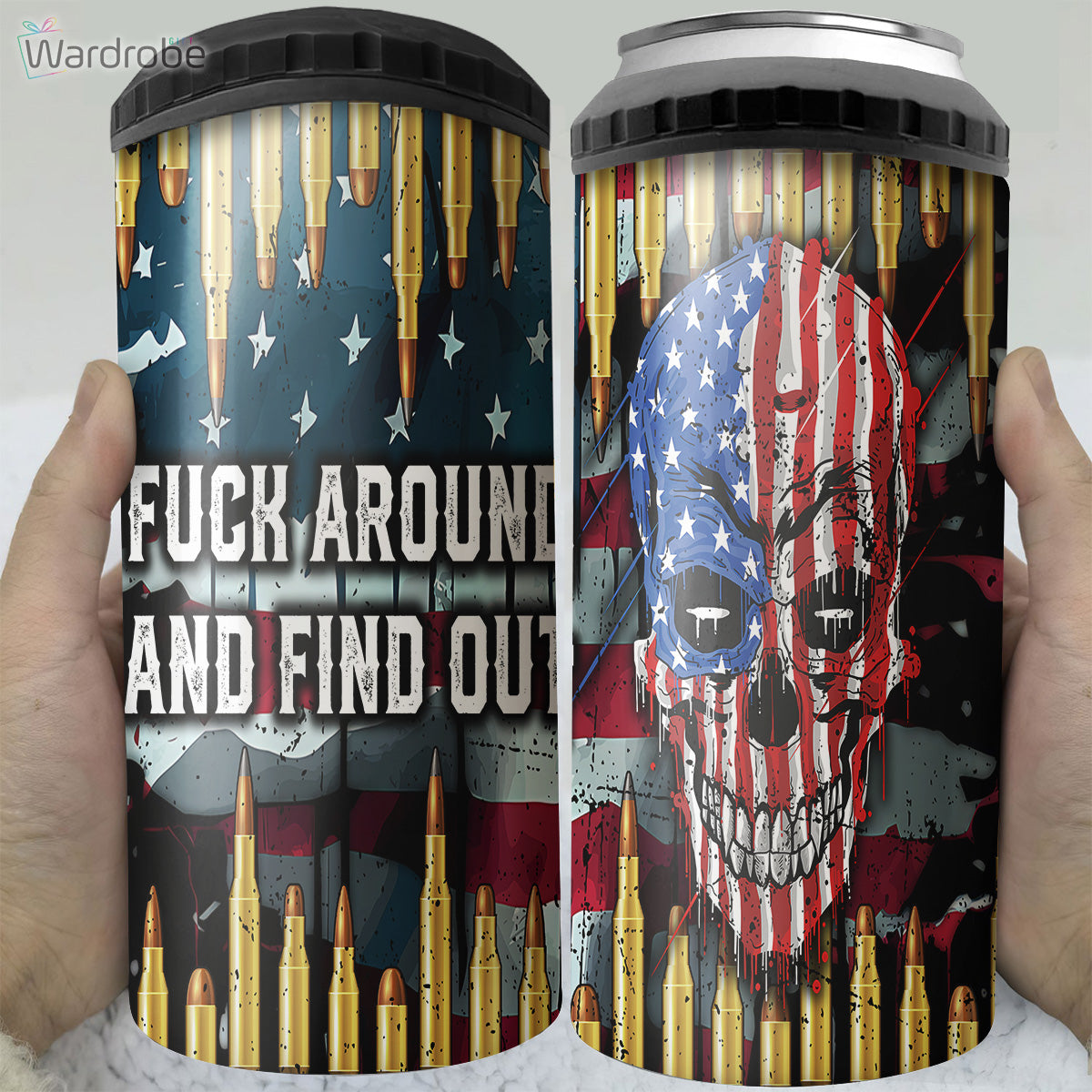 Find Out Skull American Flag Tumbler 4 in 1 Can Cooler 16Oz Tumbler Cup Bottle Cooler