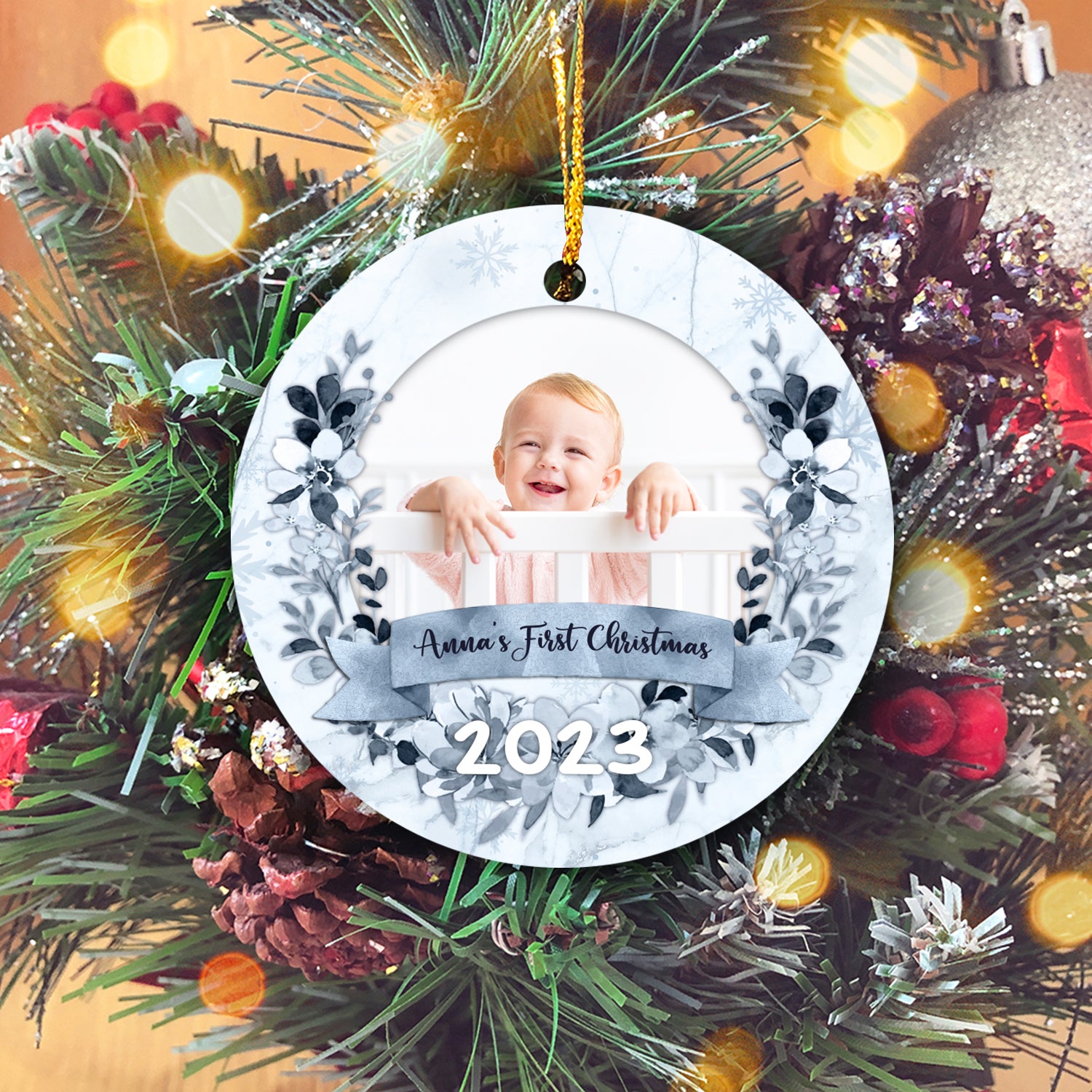 First Christmas Blue Floral Personalized Custom Photo Christmas Premium Ceramic Ornaments Gift For Family
