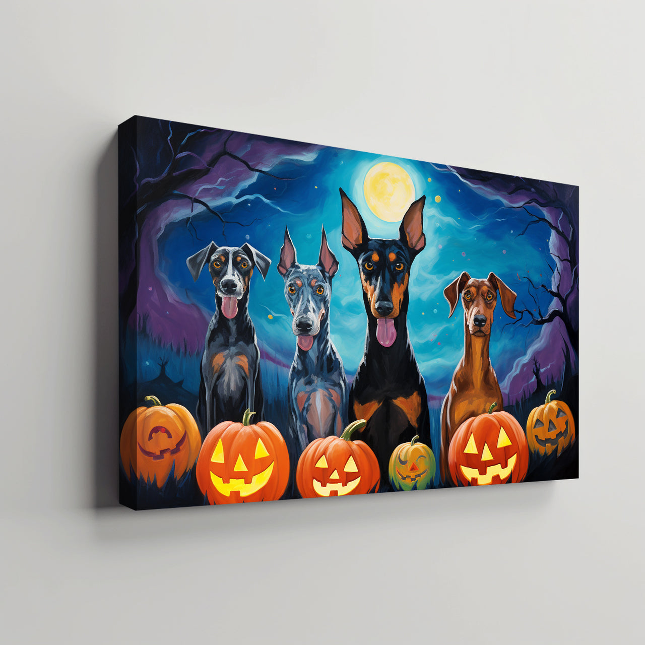 Doberman Pinschers Dogs Halloween With Pumpkin Oil Painting Van Goh Style, Wooden Canvas Prints Wall Art Painting , Canvas 3d Art