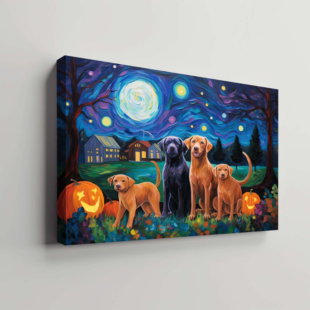Chesapeake Bay Retrievers Dog Halloween With Pumpkin Oil Painting Van Goh Style, Wooden Canvas Prints Wall Art Painting , Canvas 3d Art