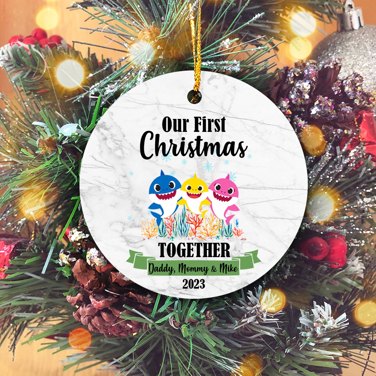 Our First Christmas Together With Family Cute Animals Version Shark Personalized Christmas Premium Ceramic Ornaments