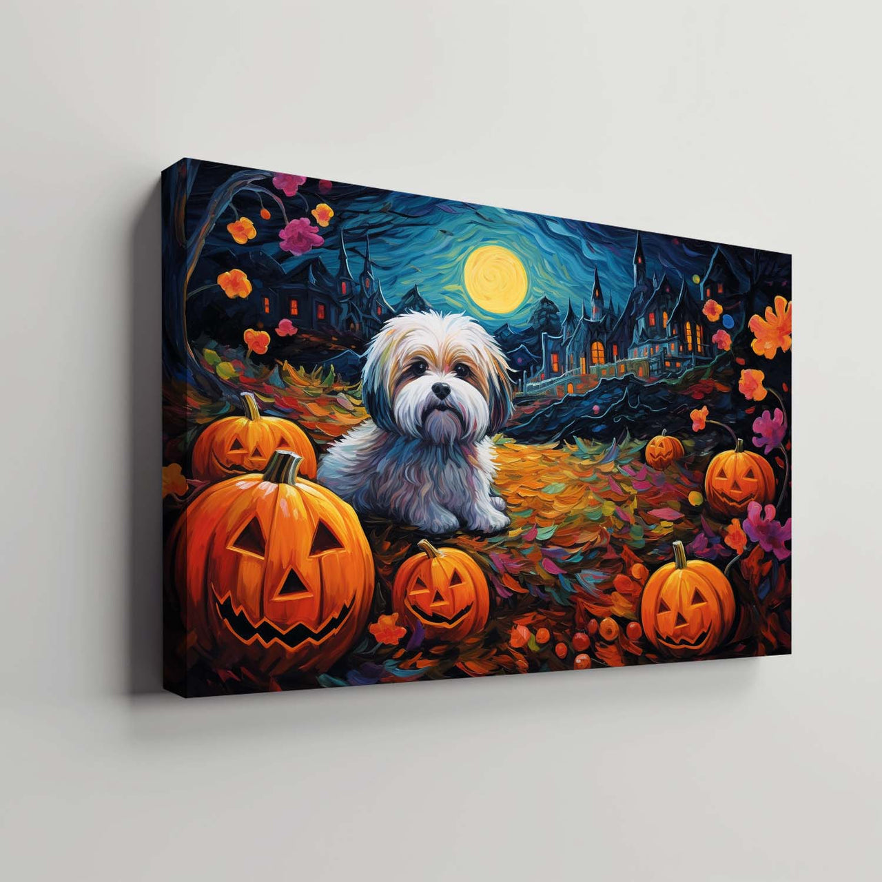 Lhasa Apsos Dog 02 Halloween With Pumpkin Oil Painting Van Goh Style, Wooden Canvas Prints Wall Art Painting , Canvas 3d Art