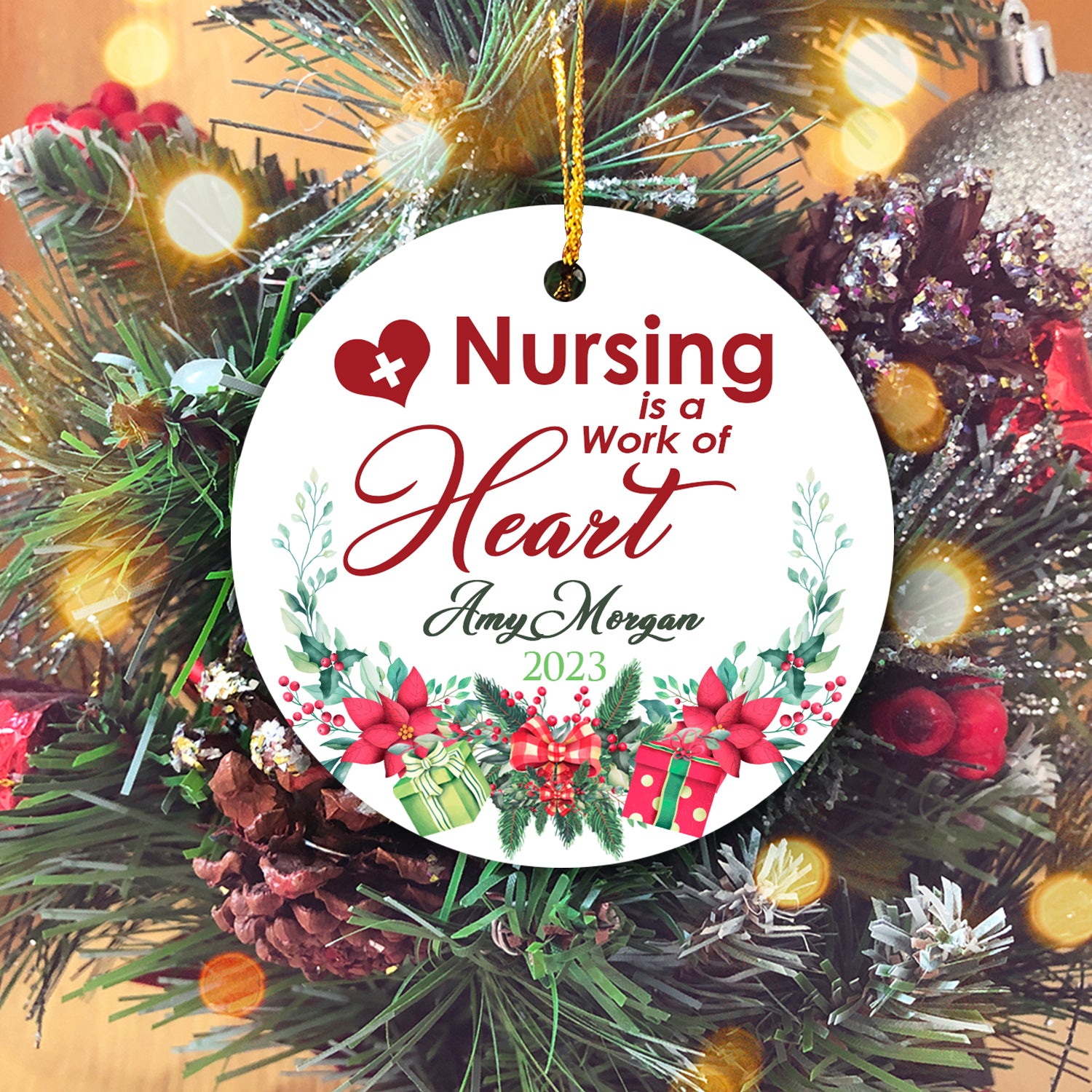 Nursing Is A Work Of Heart Personalized Custom Name Christmas Premium Ceramic Ornaments Sets