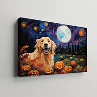 Thumbnail for Golden Retrievers Dog 01 Halloween With Pumpkin Oil Painting Van Goh Style, Wooden Canvas Prints Wall Art Painting , Canvas 3d Art