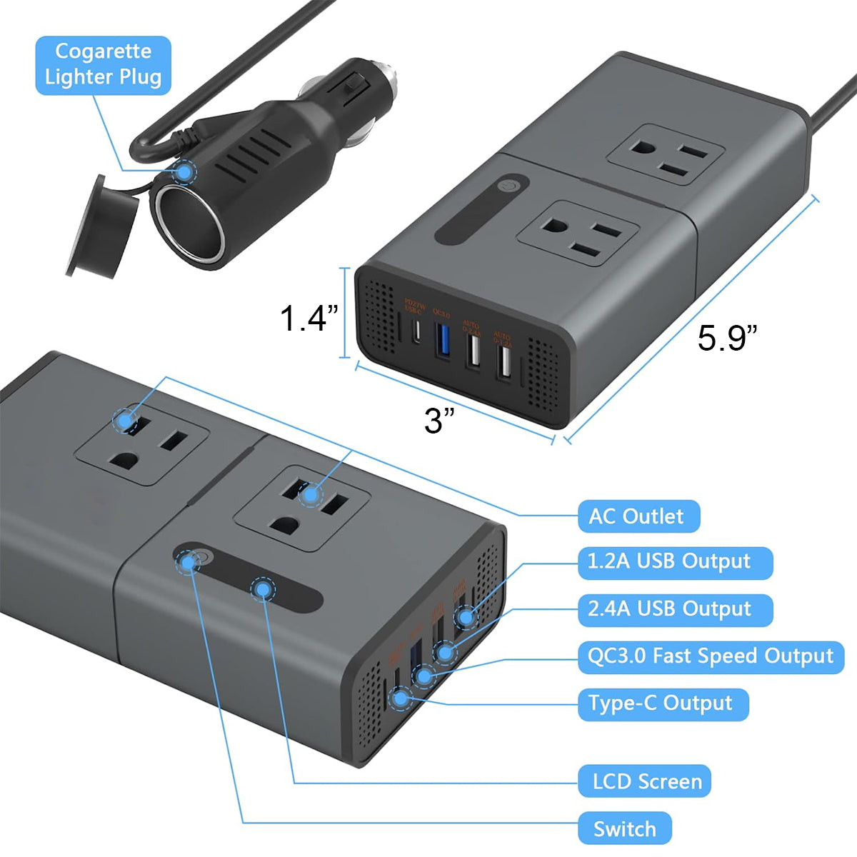 200W Car Power Inverter Newly Car Plug Adapter Outlet Charger DC 12V to 110V Car Inverter with 1.2A&2.4A USB, 1 QC3.0 USB and 1 Type C Ports