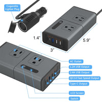 Thumbnail for 200W Car Power Inverter Newly Car Plug Adapter Outlet Charger DC 12V to 110V Car Inverter with 1.2A&2.4A USB, 1 QC3.0 USB and 1 Type C Ports