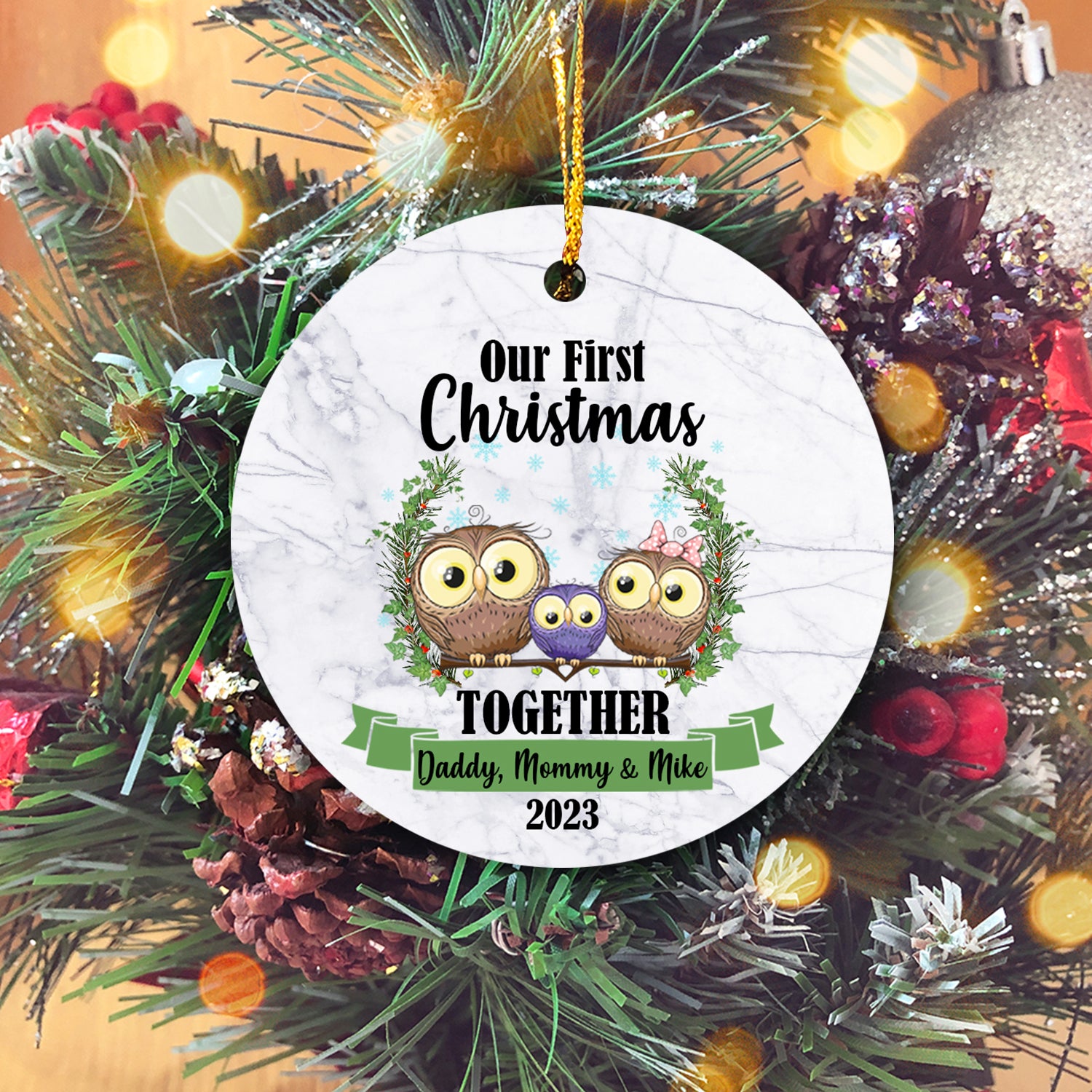 Our First Christmas Together With Family Cute Animals Version Owl Personalized Christmas Premium Ceramic Ornaments