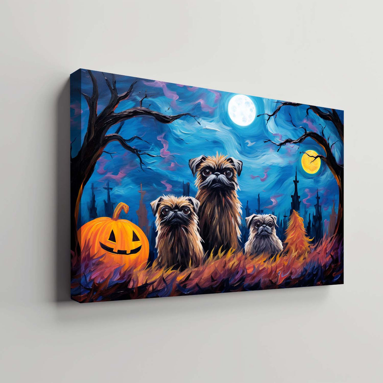 Brussels Griffons Dog 02 Halloween With Pumpkin Oil Painting Van Goh Style, Wooden Canvas Prints Wall Art Painting , Canvas 3d Art