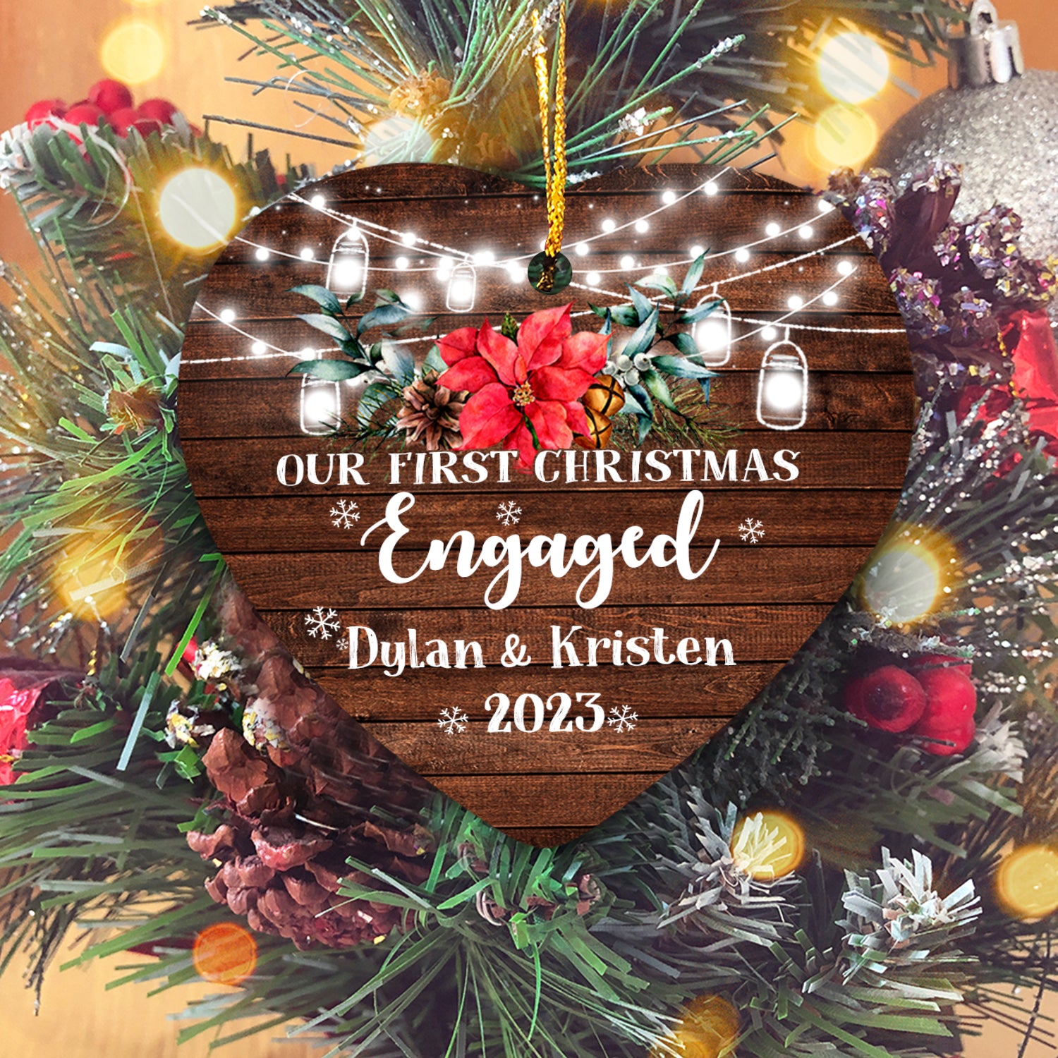 Flower Wood 1st Christmas Engaged Personalized Christmas Premium Ceramic Ornaments