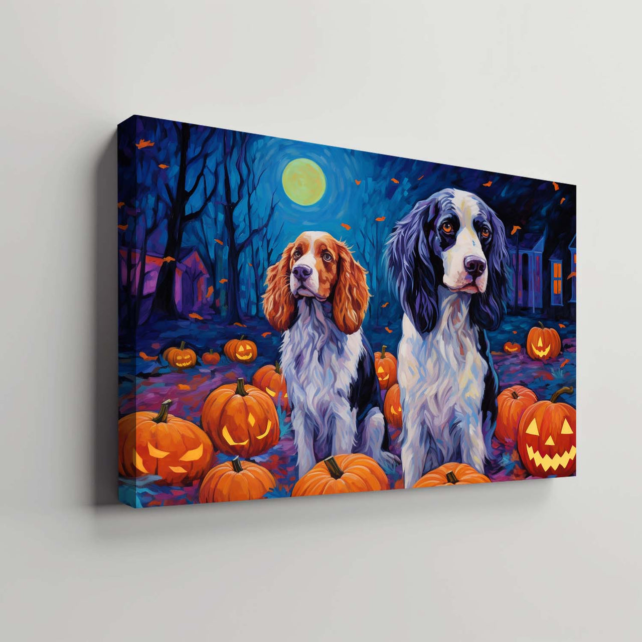 English Setters Dog 01 Halloween With Pumpkin Oil Painting Van Goh Style, Wooden Canvas Prints Wall Art Painting , Canvas 3d Art