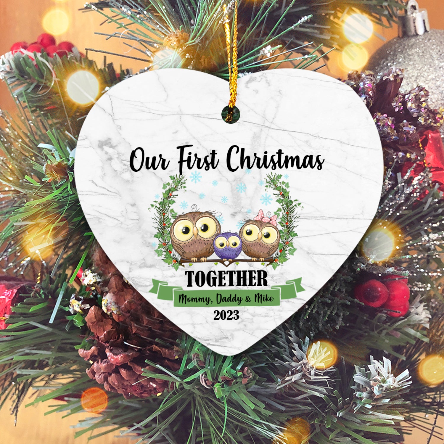 Our First Christmas Together With Family Cute Animals Version Owl Personalized Christmas Premium Ceramic Ornaments