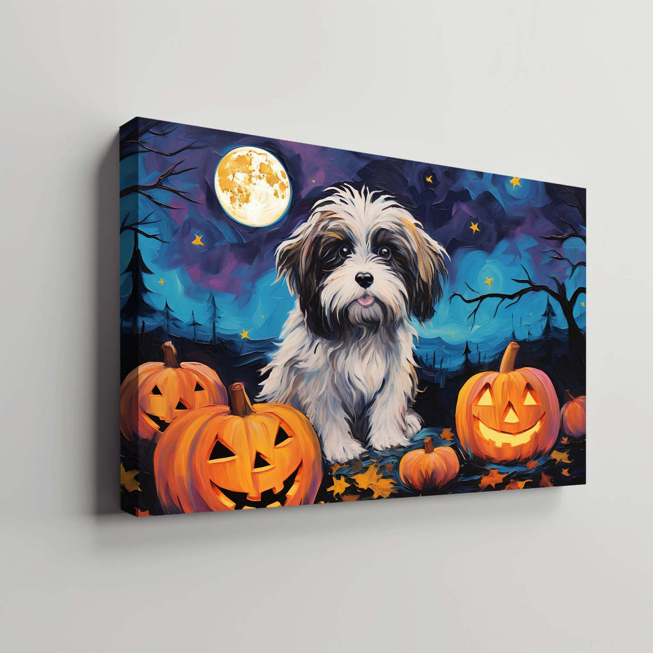 Havanese  Dog 02 Halloween With Pumpkin Oil Painting Van Goh Style, Wooden Canvas Prints Wall Art Painting , Canvas 3d Art