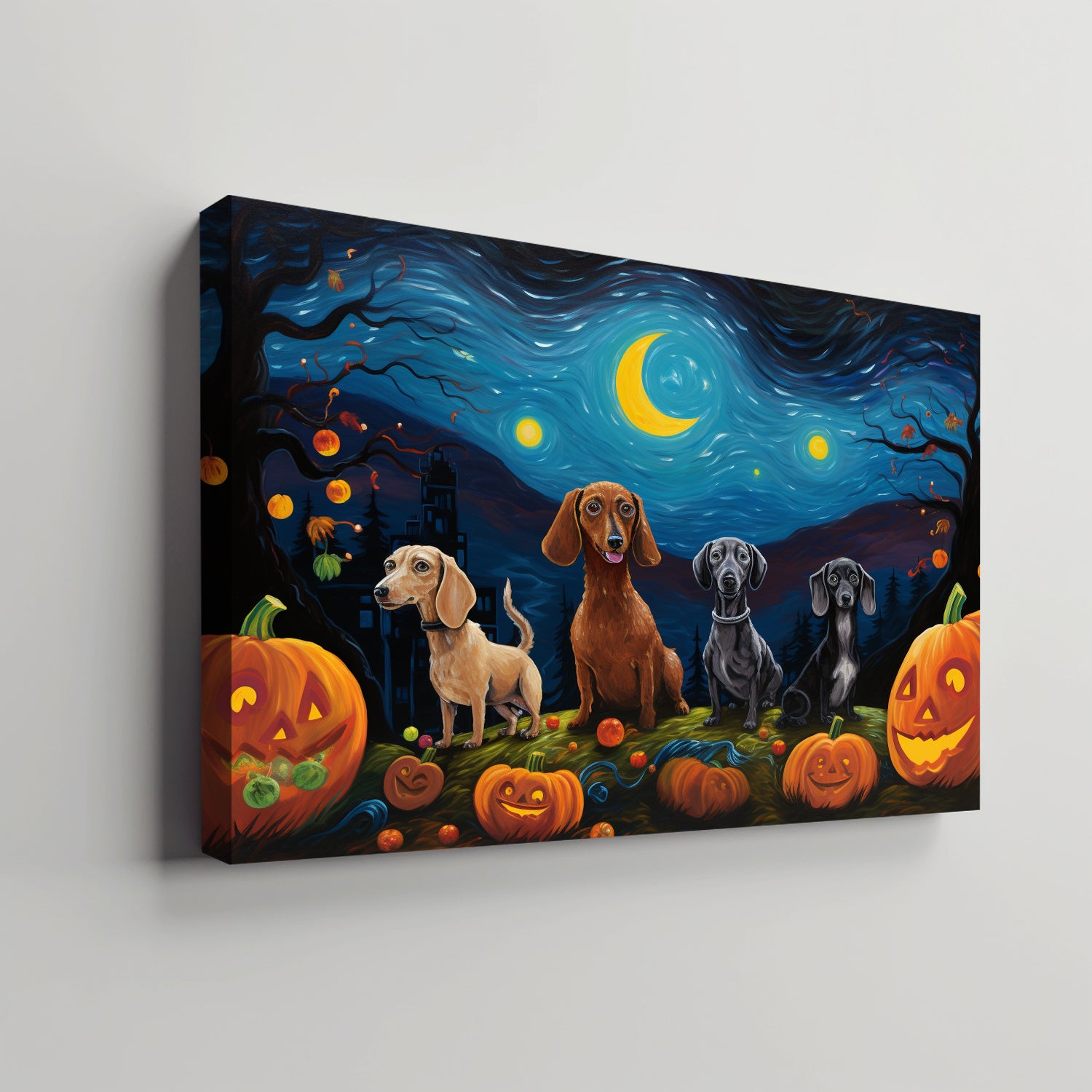 Dachshunds Dogs Halloween With Pumpkin Oil Painting Van Goh Style, Wooden Canvas Prints Wall Art Painting , Canvas 3d Art