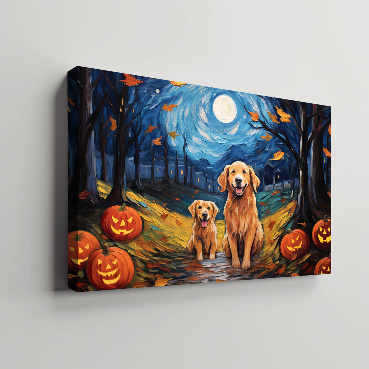 Golden Retrievers Dog 02 Halloween With Pumpkin Oil Painting Van Goh Style, Wooden Canvas Prints Wall Art Painting , Canvas 3d Art