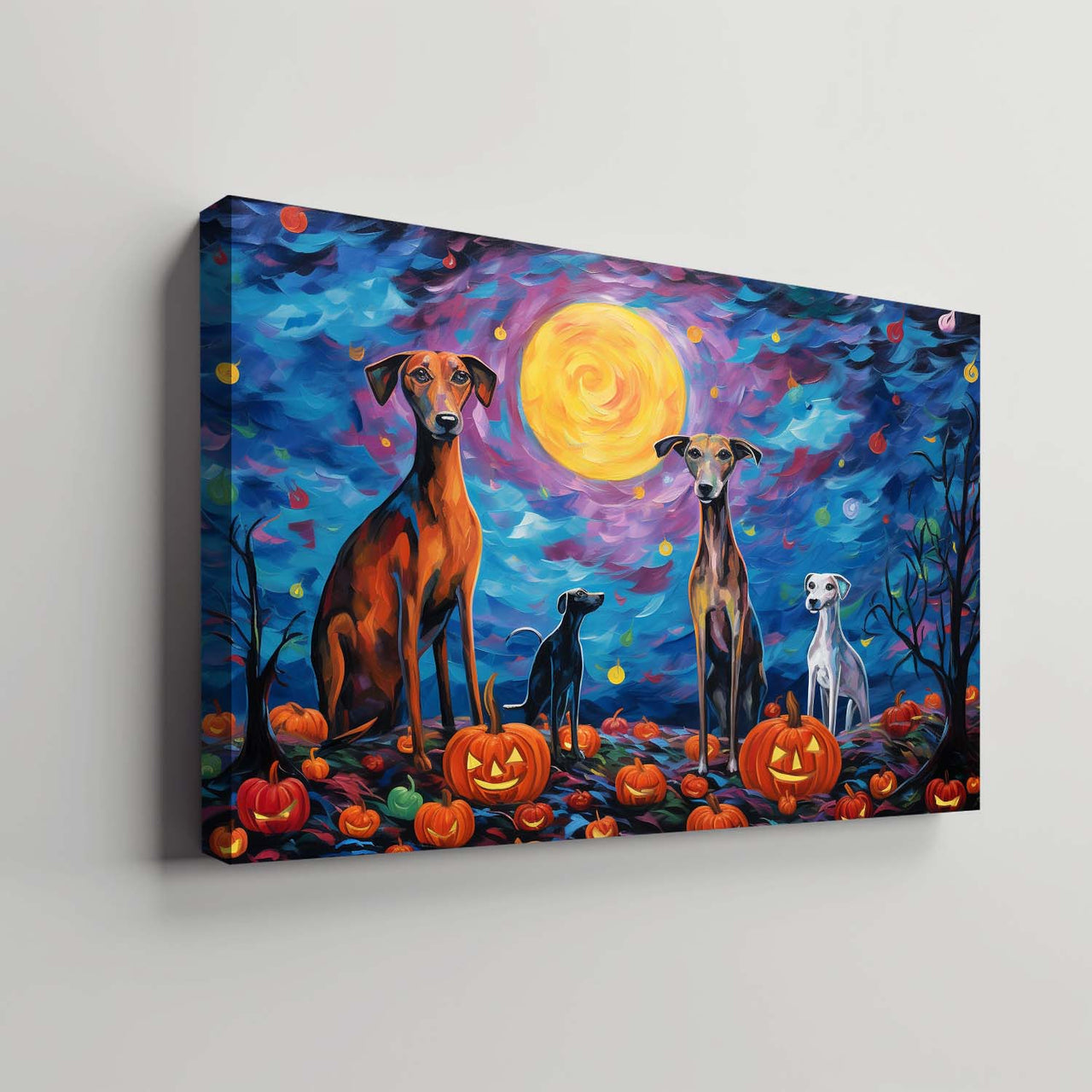 Whippets Dog Halloween With Pumpkin Oil Painting Van Goh Style, Wooden Canvas Prints Wall Art Painting , Canvas 3d Art