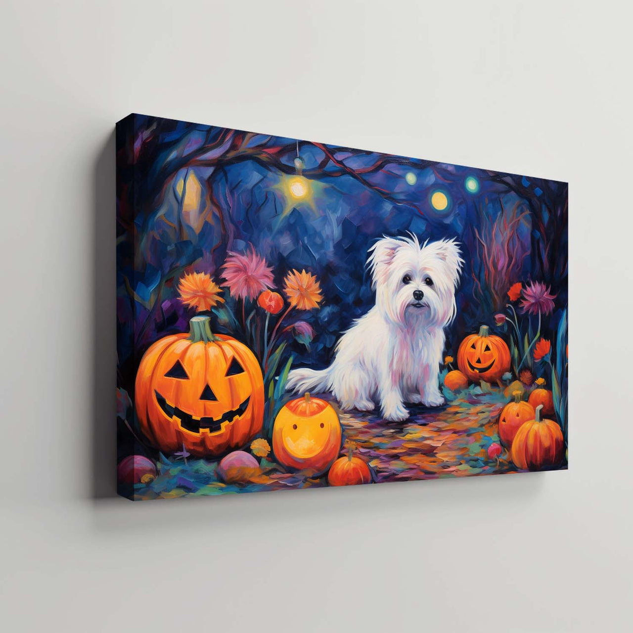 Maltese Dog 01 Halloween With Pumpkin Oil Painting Van Goh Style, Wooden Canvas Prints Wall Art Painting , Canvas 3d Art