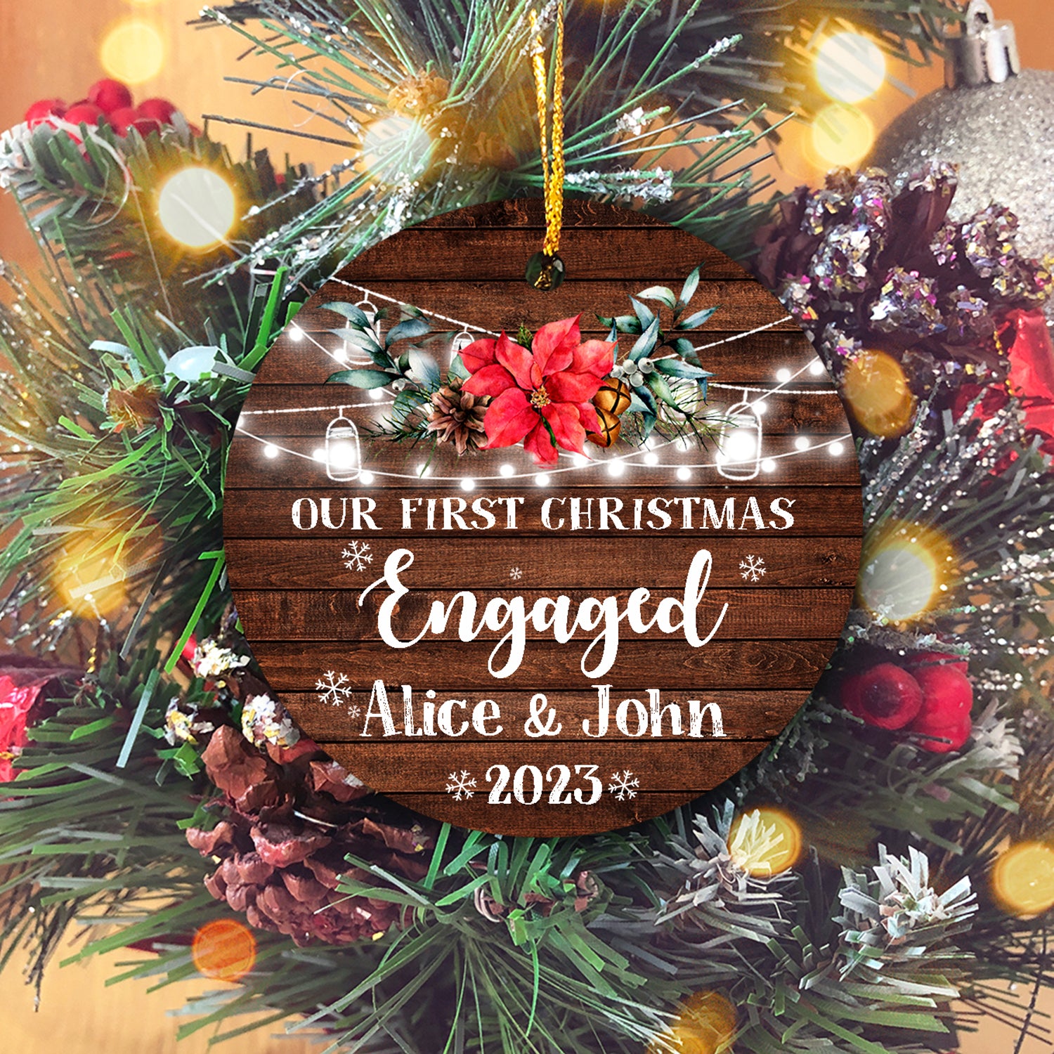 Flower Wood 1st Christmas Engaged Personalized Christmas Premium Ceramic Ornaments