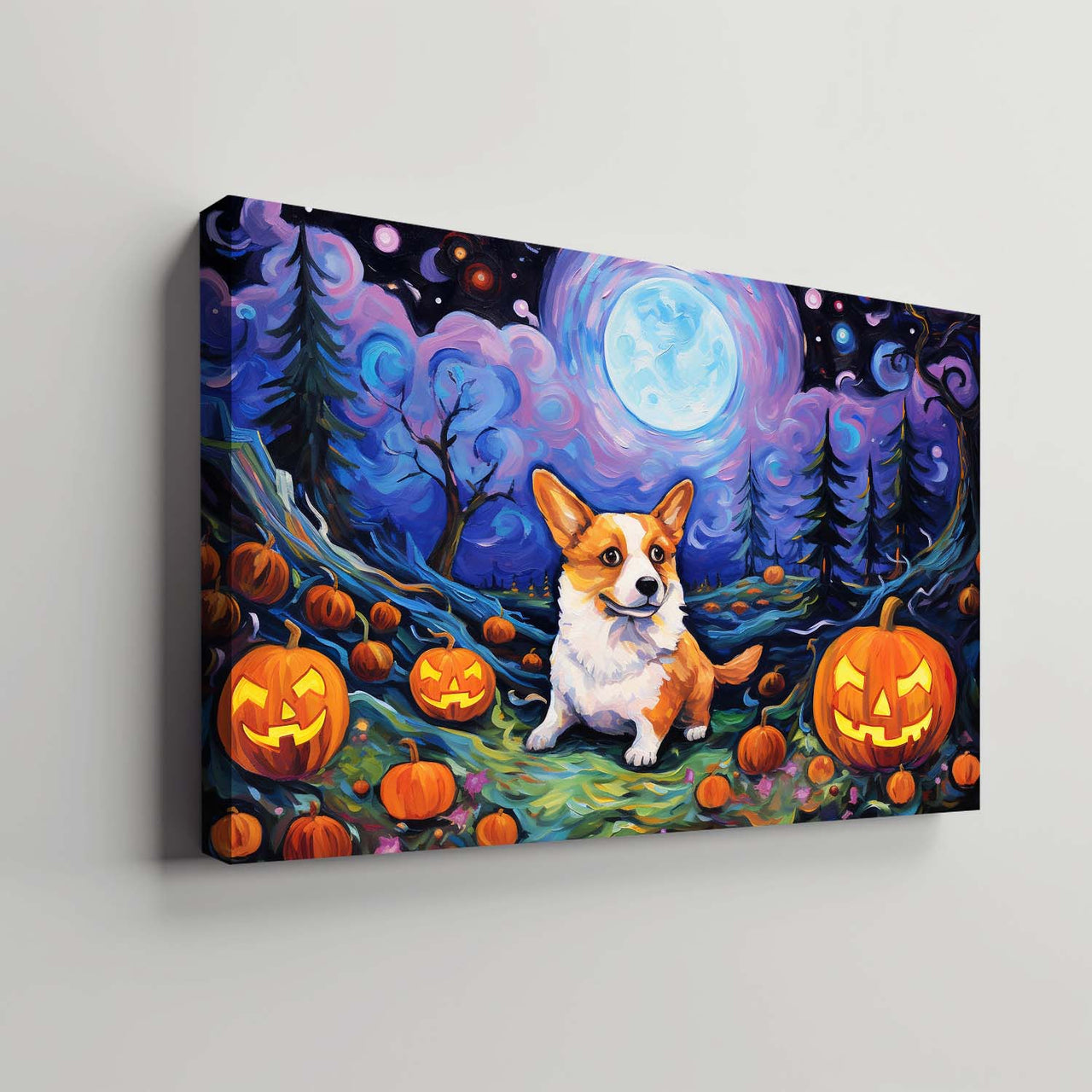 Cardigan Welsh Corgis Dog 02 Halloween With Pumpkin Oil Painting Van Goh Style, Wooden Canvas Prints Wall Art Painting , Canvas 3d Art