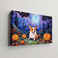 Thumbnail for Cardigan Welsh Corgis Dog 02 Halloween With Pumpkin Oil Painting Van Goh Style, Wooden Canvas Prints Wall Art Painting , Canvas 3d Art