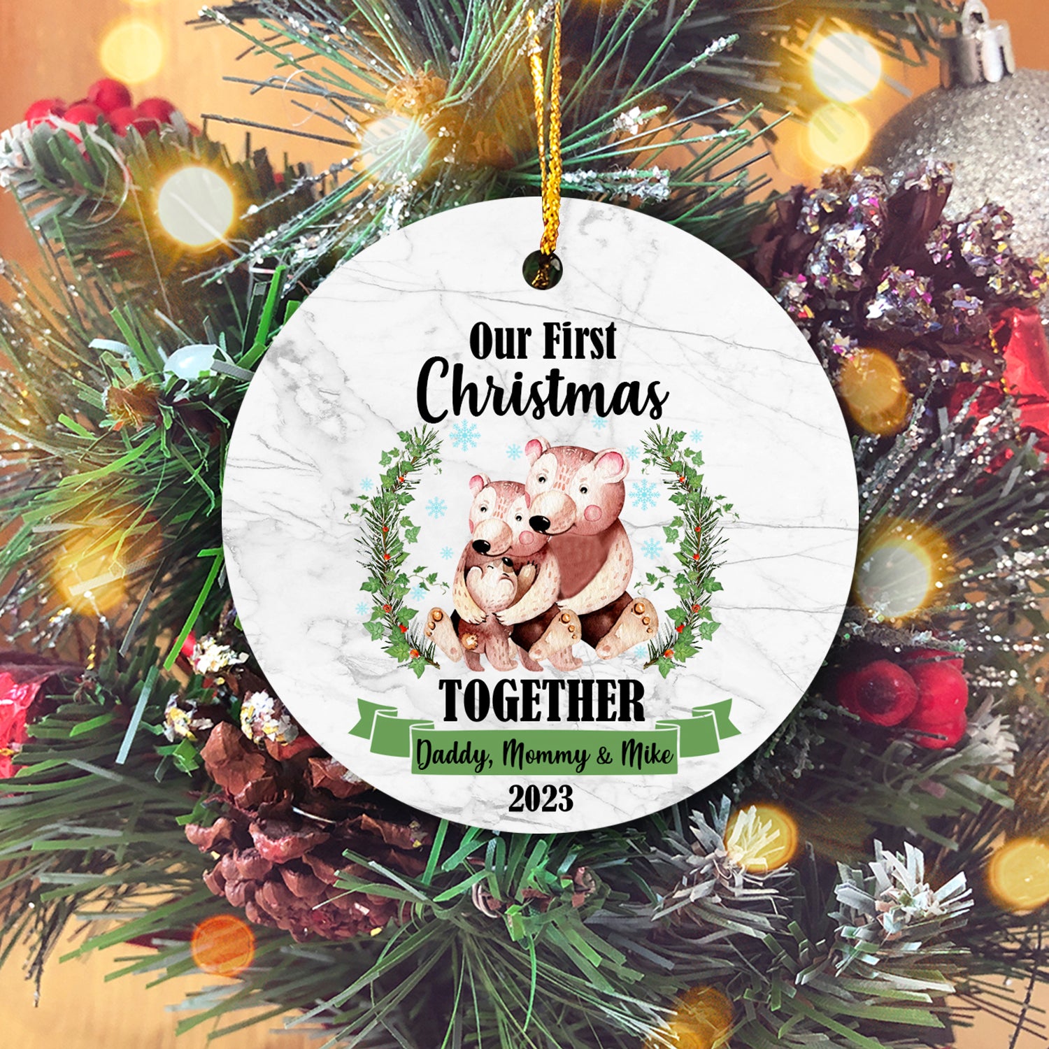 Our First Christmas Together With Family Cute Animals Version Bear Personalized Christmas Premium Ceramic Ornaments