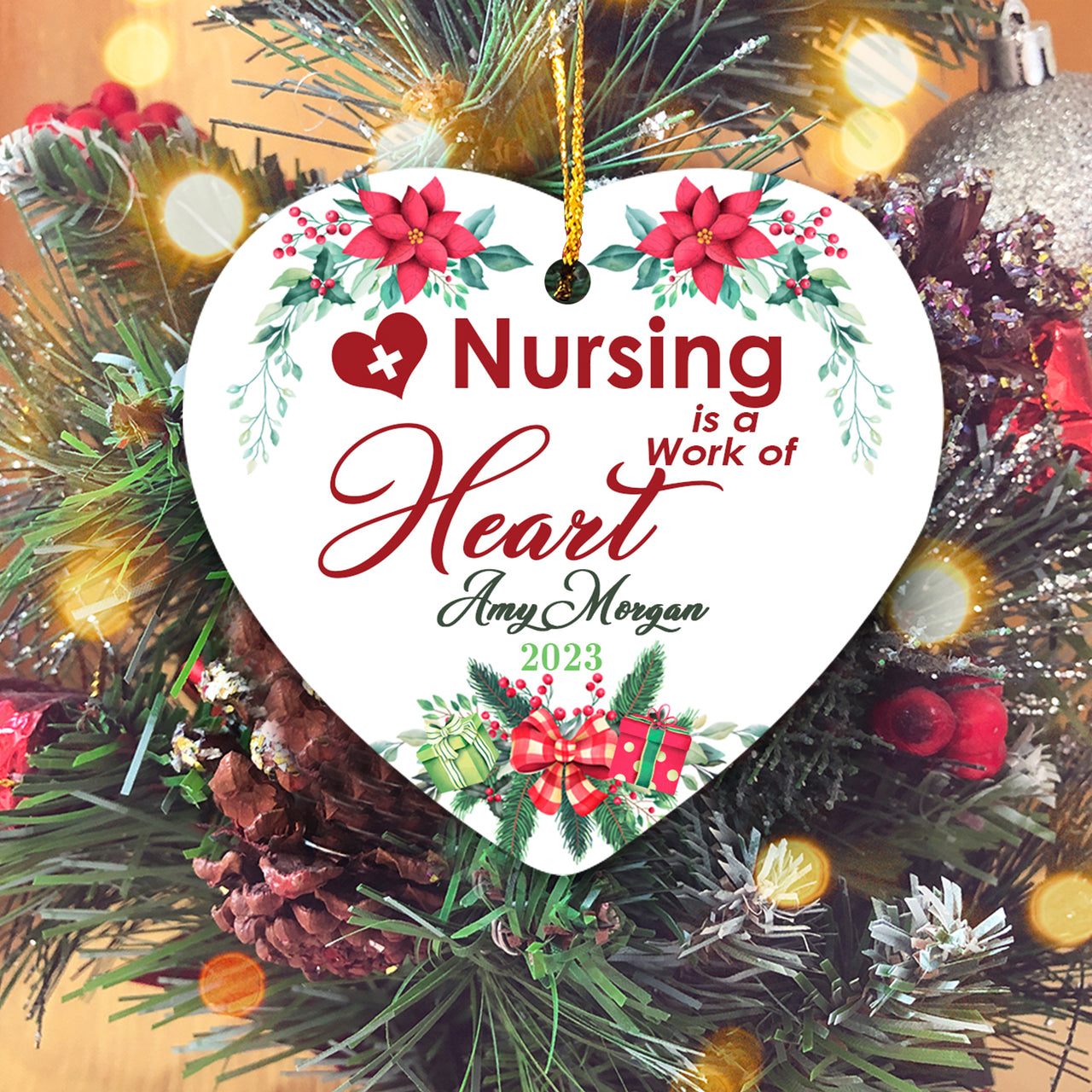 Nursing Is A Work Of Heart Personalized Custom Name Christmas Premium Ceramic Ornaments Sets