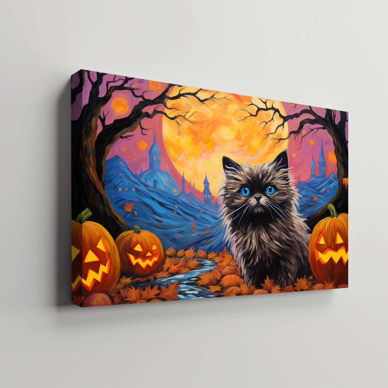 Keeshonden Dog 01 Halloween With Pumpkin Oil Painting Van Goh Style, Wooden Canvas Prints Wall Art Painting , Canvas 3d Art
