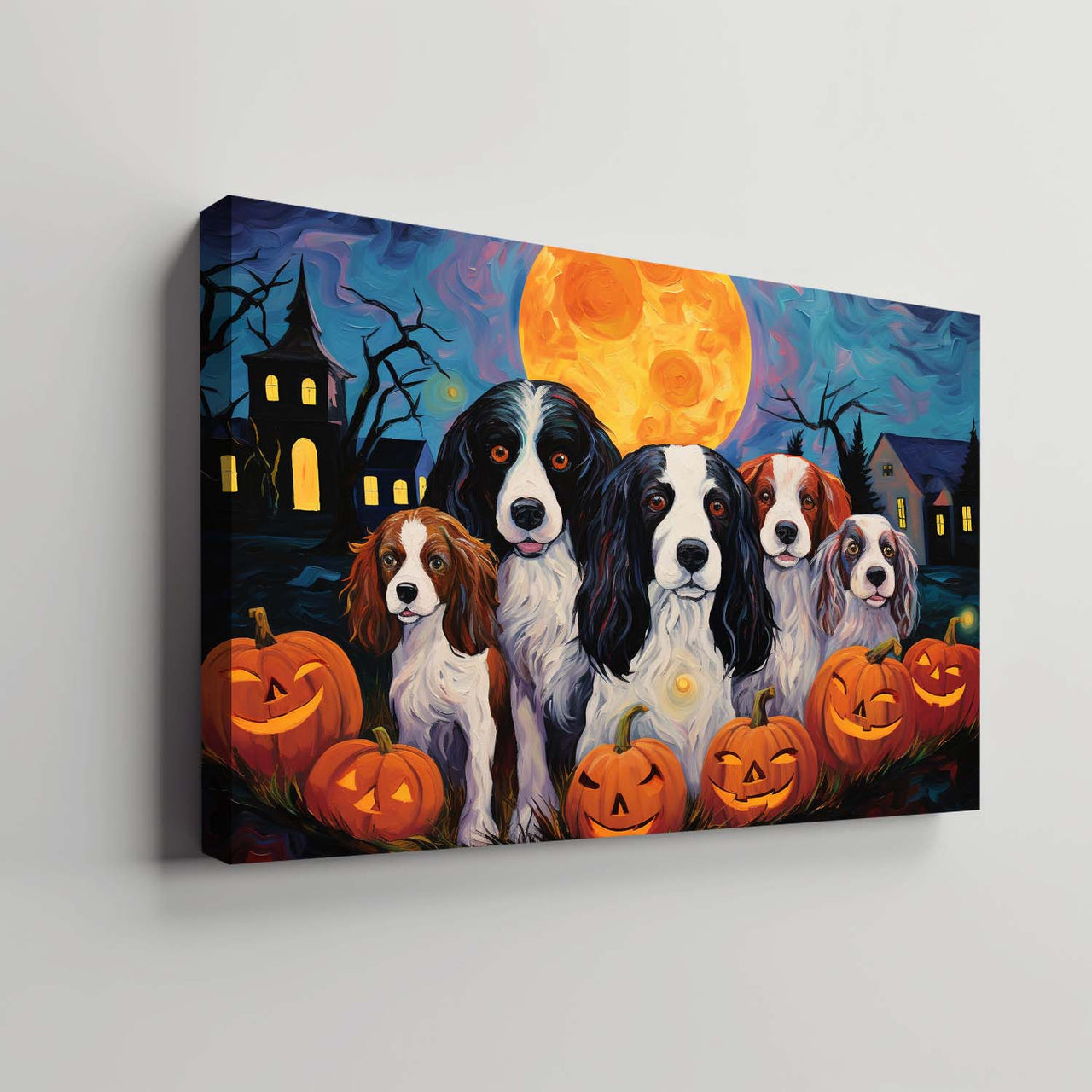 English Springer Spaniels Dog 01 Halloween With Pumpkin Oil Painting Van Goh Style, Wooden Canvas Prints Wall Art Painting , Canvas 3d Art