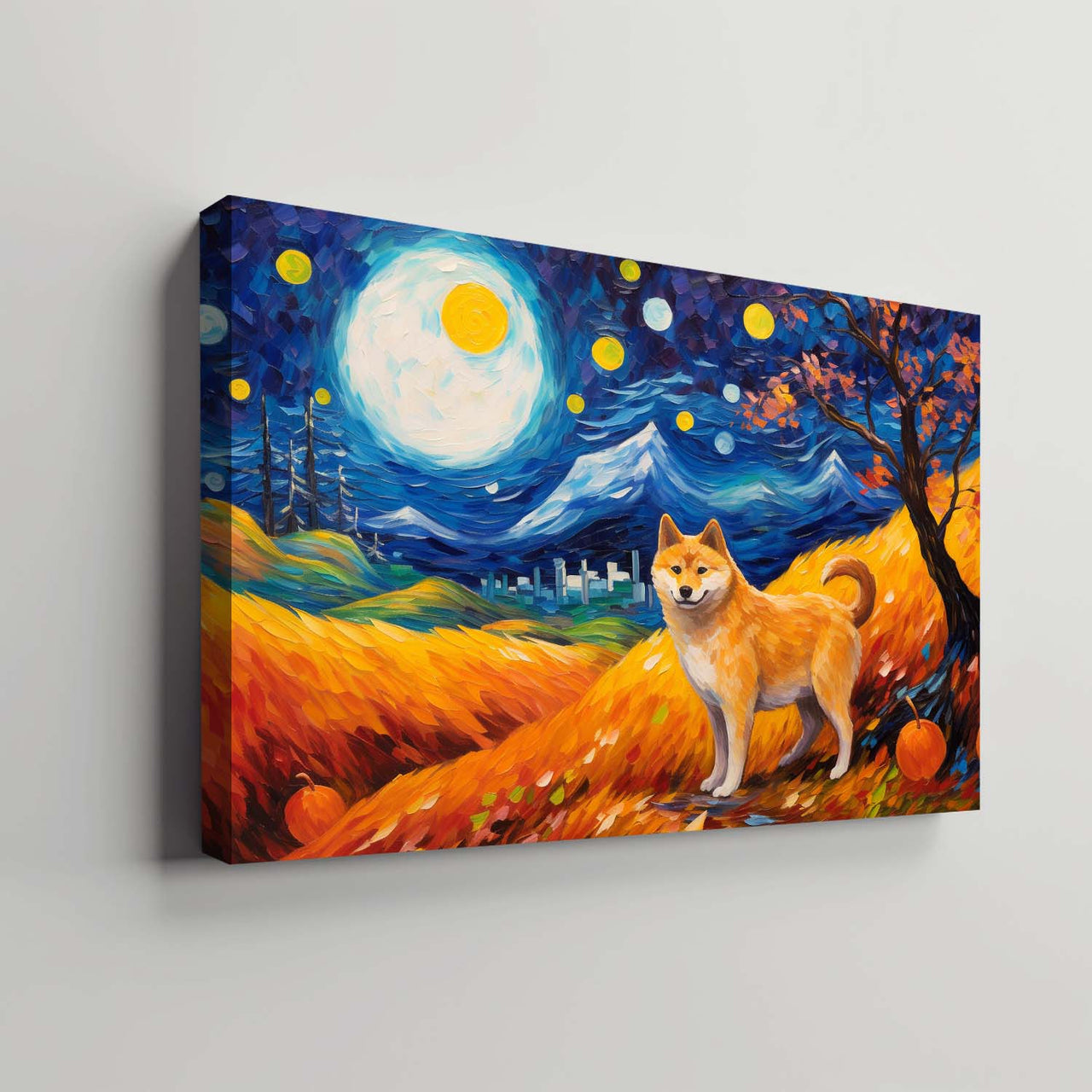 Shiba Inu Dog Halloween With Pumpkin Oil Painting Van Goh Style, Wooden Canvas Prints Wall Art Painting , Canvas 3d Art