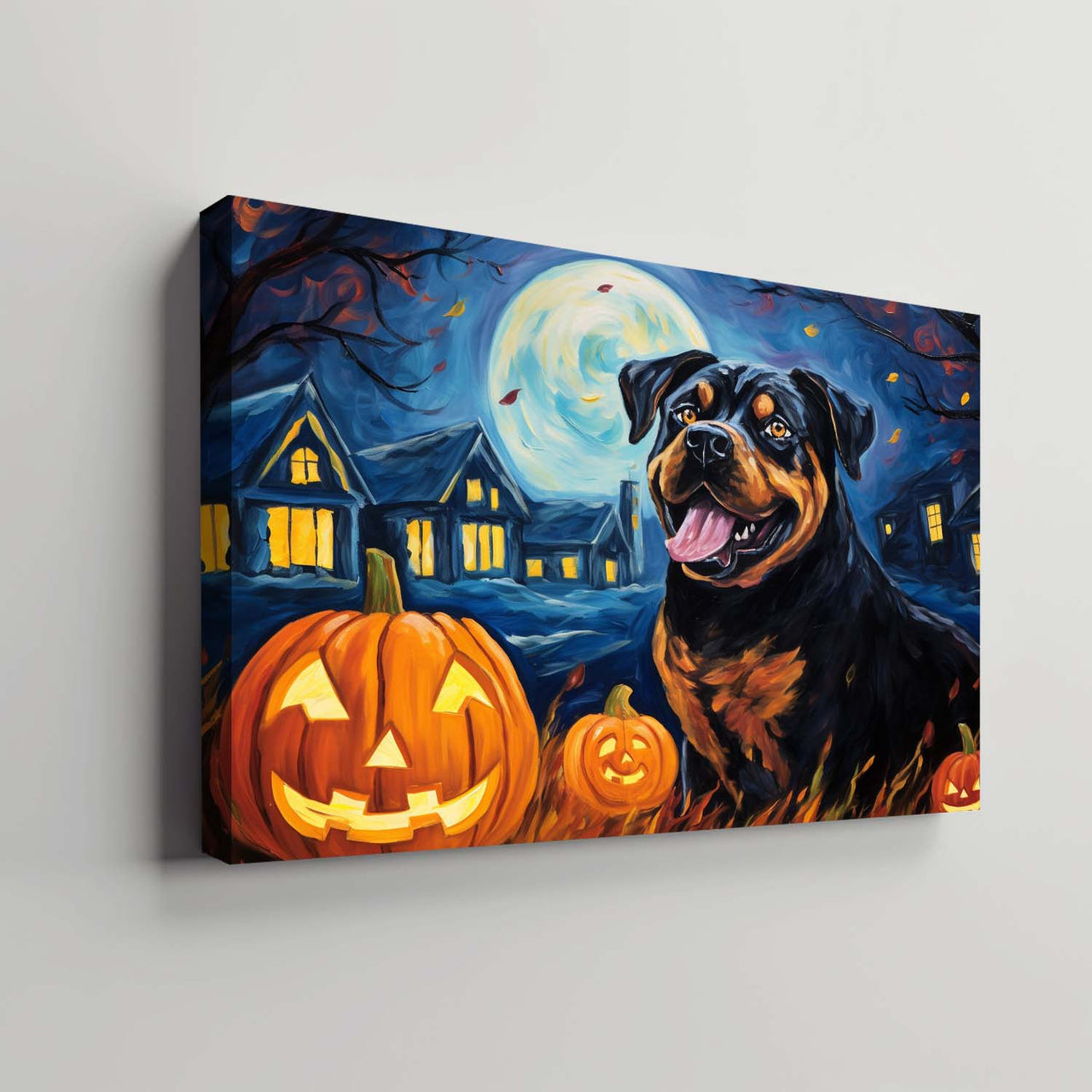 Rottweiler Dog 01 Halloween With Pumpkin Oil Painting Van Goh Style, Wooden Canvas Prints Wall Art Painting , Canvas 3d Art