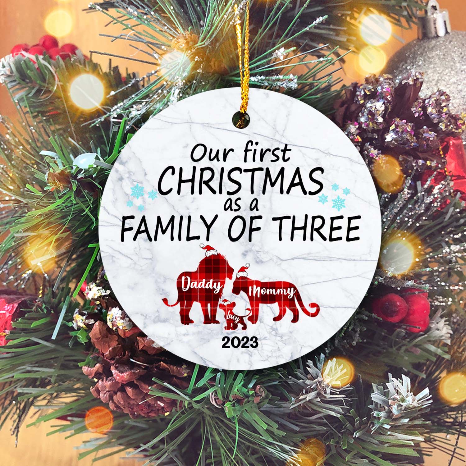 Our First Christmas As A Family Of Tree Version Lion Personalized Christmas Premium Ceramic Ornaments