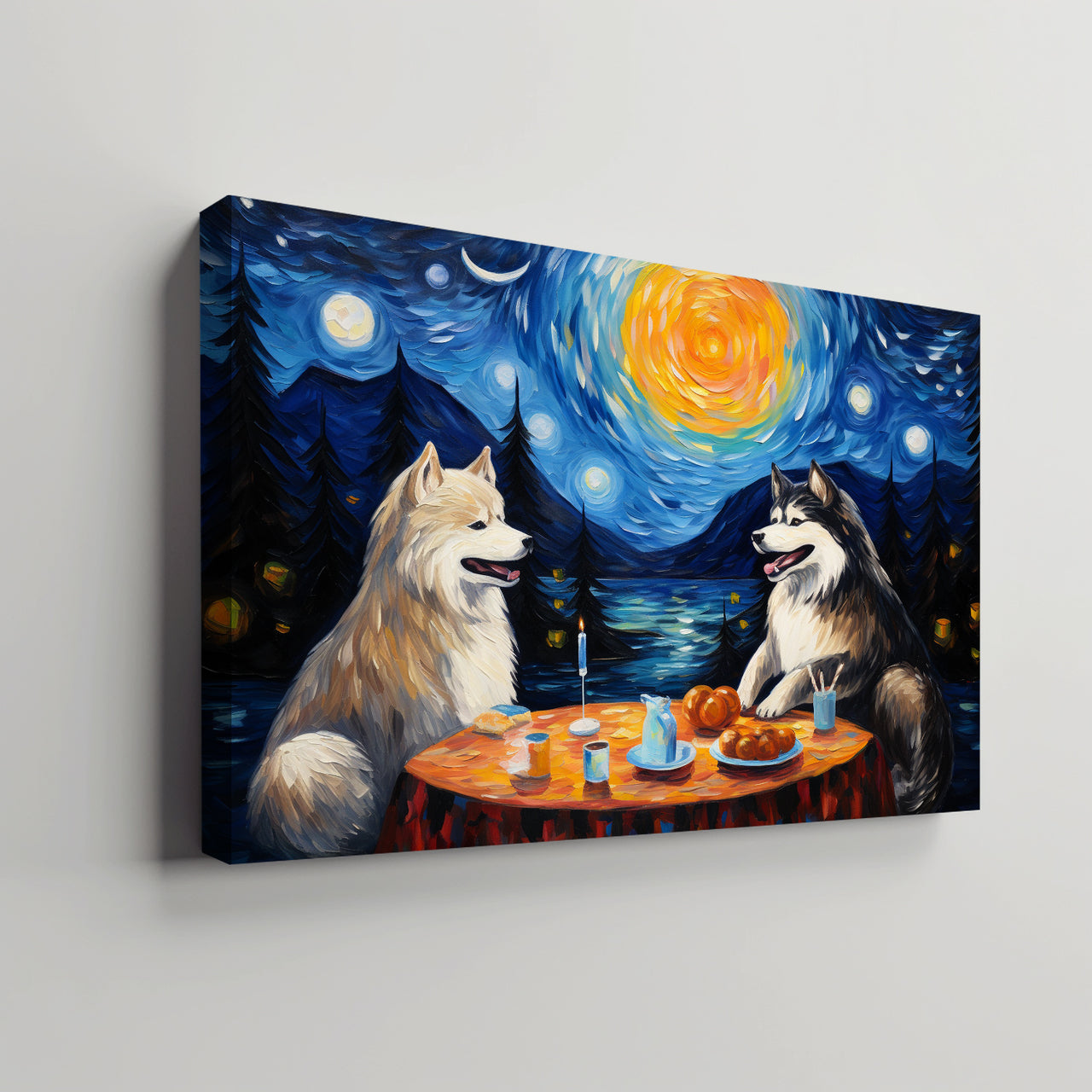 Alaskan Malamutes Dog Halloween With Pumpkin Oil Painting Van Goh Style, Wooden Canvas Prints Wall Art Painting , Canvas 3d Art