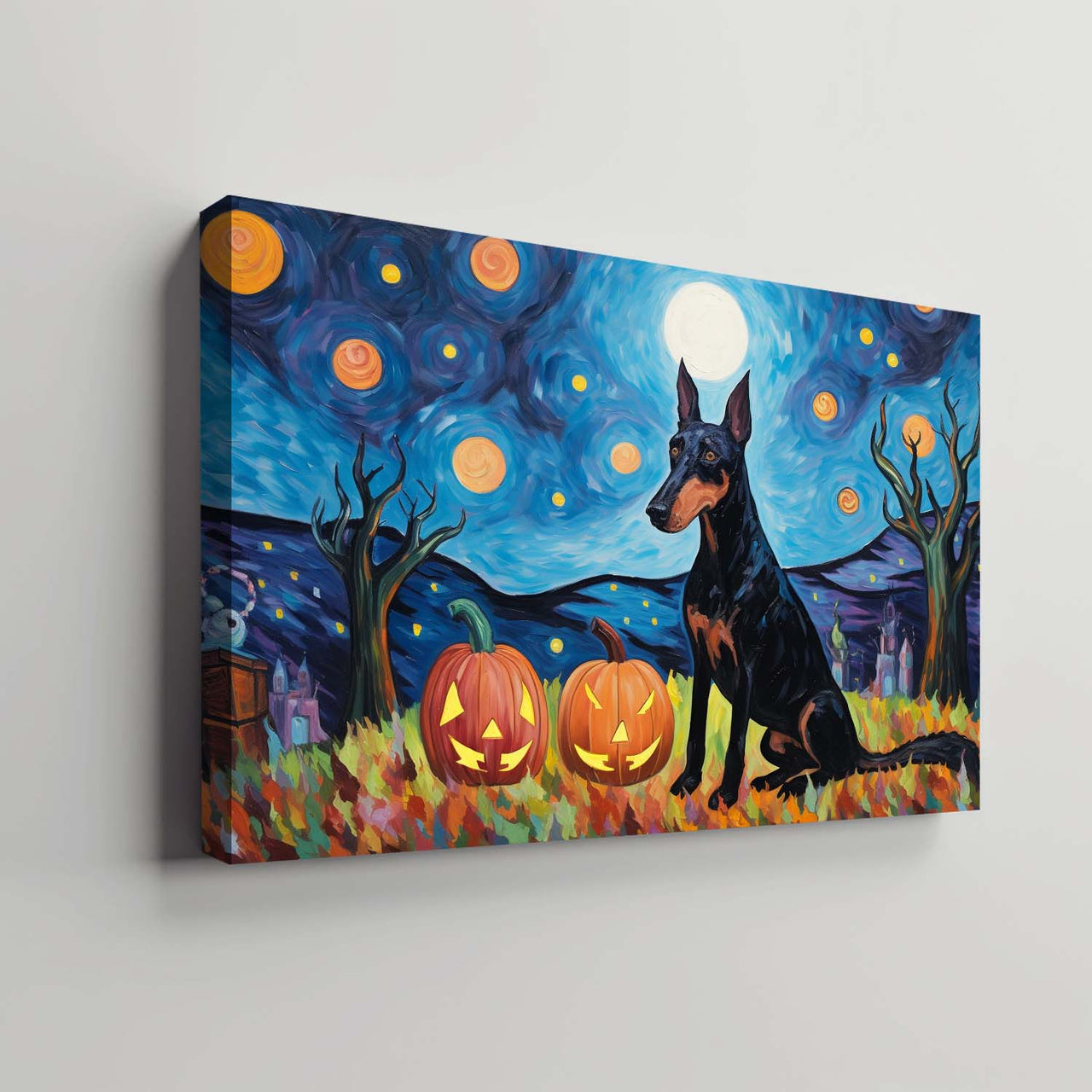Doberman Pinschers Dog 01 Halloween With Pumpkin Oil Painting Van Goh Style, Wooden Canvas Prints Wall Art Painting , Canvas 3d Art