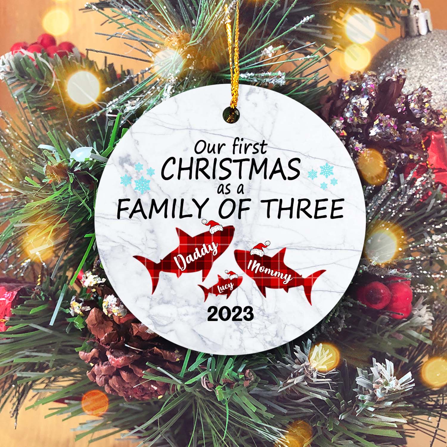 Our First Christmas As A Family Of Tree Version Shark Personalized Christmas Premium Ceramic Ornaments
