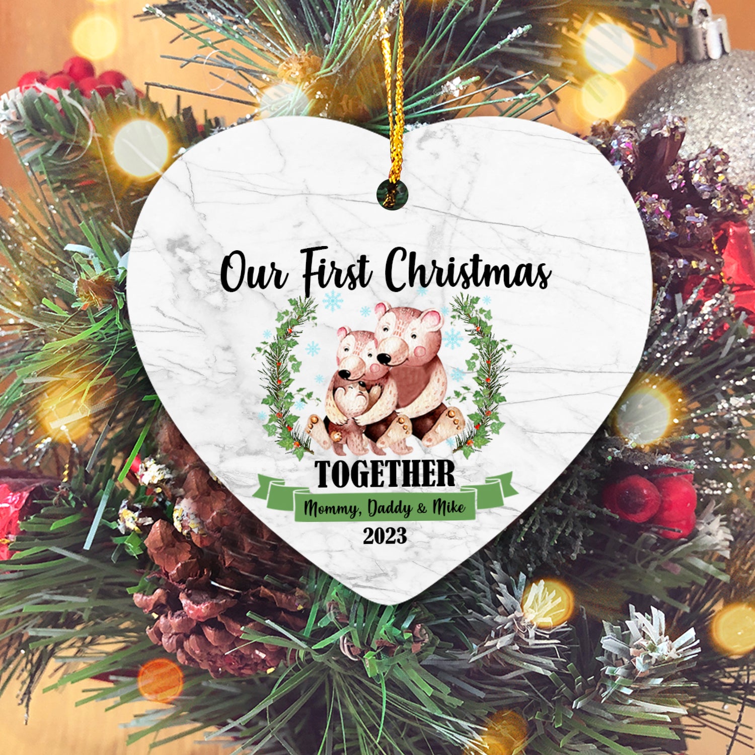 Our First Christmas Together With Family Cute Animals Version Bear Personalized Christmas Premium Ceramic Ornaments
