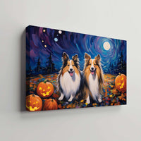 Thumbnail for Shetland Sheepdogs Dog 02 Halloween With Pumpkin Oil Painting Van Goh Style, Wooden Canvas Prints Wall Art Painting , Canvas 3d Art