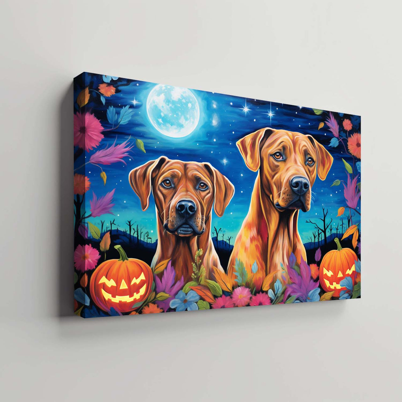 Rhodesian Ridgebacks Dog Halloween With Pumpkin Oil Painting Van Goh Style, Wooden Canvas Prints Wall Art Painting , Canvas 3d Art