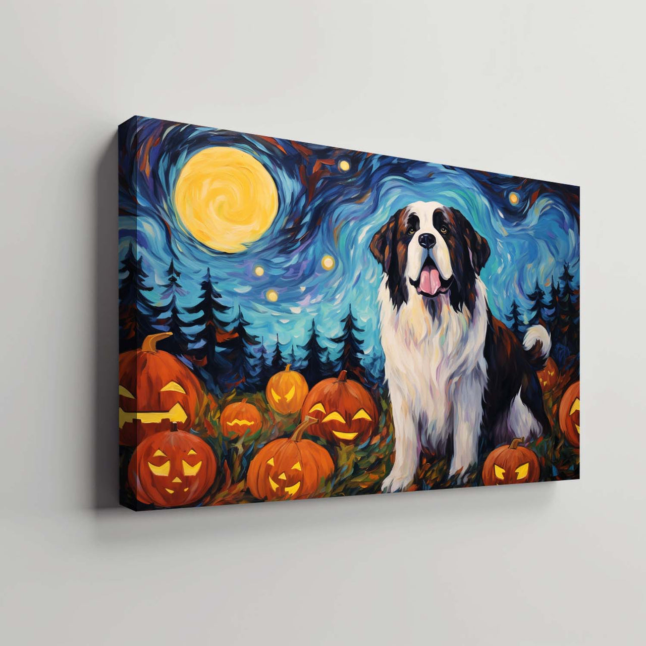 St. Bernards Dog 02 Halloween With Pumpkin Oil Painting Van Goh Style, Wooden Canvas Prints Wall Art Painting , Canvas 3d Art