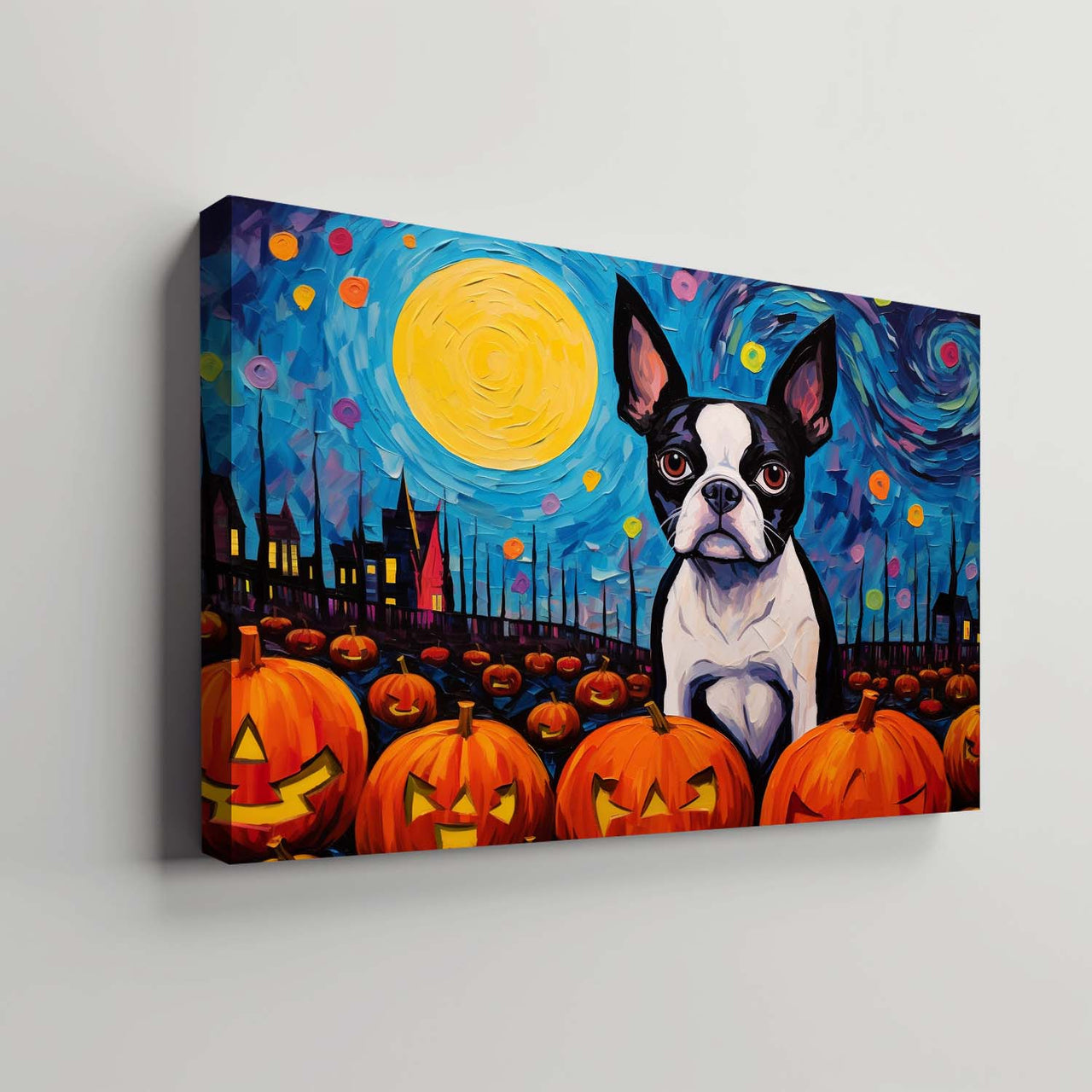 Boston Terriers Dog 01 Halloween With Pumpkin Oil Painting Van Goh Style, Wooden Canvas Prints Wall Art Painting , Canvas 3d Art