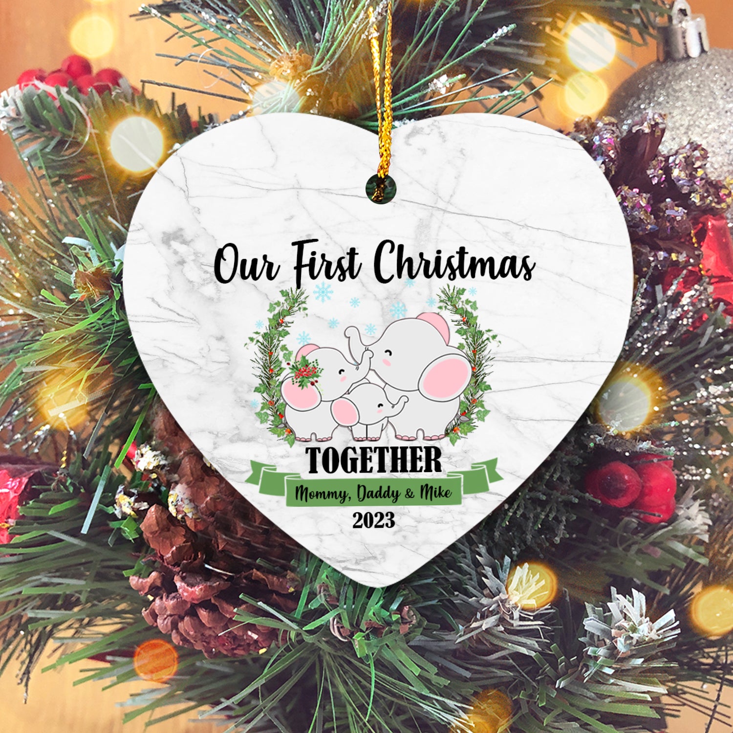 Our First Christmas Together With Family Cute Animals Version Elephant Personalized Christmas Premium Ceramic Ornaments