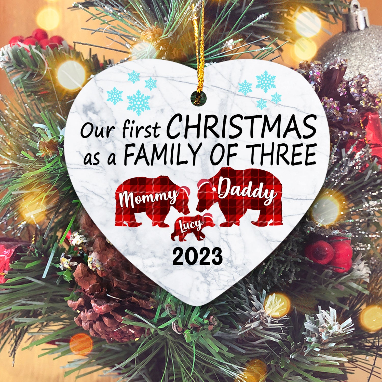 Our First Christmas As A Family Of Tree Version Bear Personalized Christmas Premium Ceramic Ornaments