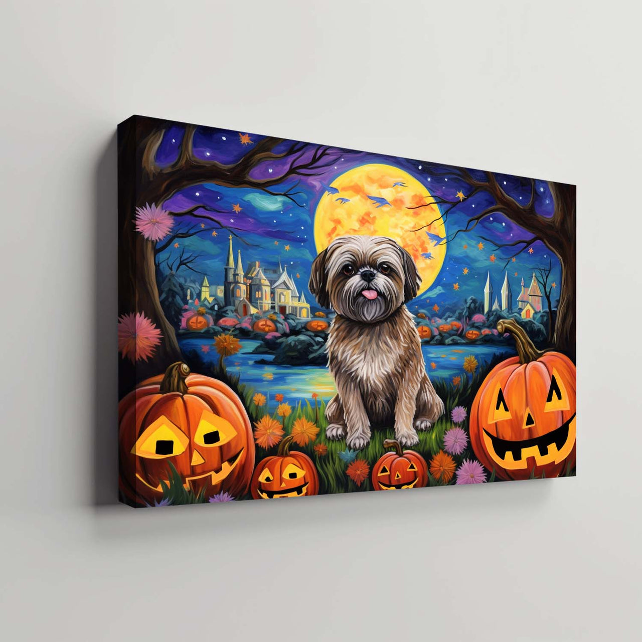 Lhasa Apsos Dog 01 Halloween With Pumpkin Oil Painting Van Goh Style, Wooden Canvas Prints Wall Art Painting , Canvas 3d Art